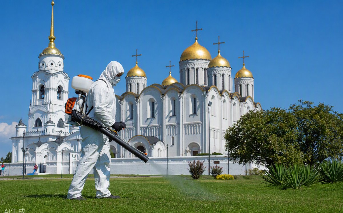 Обработка территории от клещей у Успенского собора Владимира — специалист «Дезотеки»